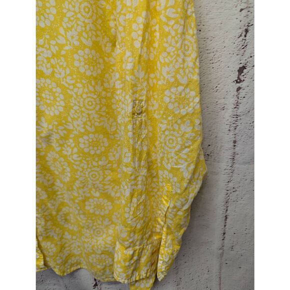 Talbots Top Womens Plus 3X Yellow Floral Roll tab Sleeve‎ Button Up Artsy Blouse - Picture 3 of 8
